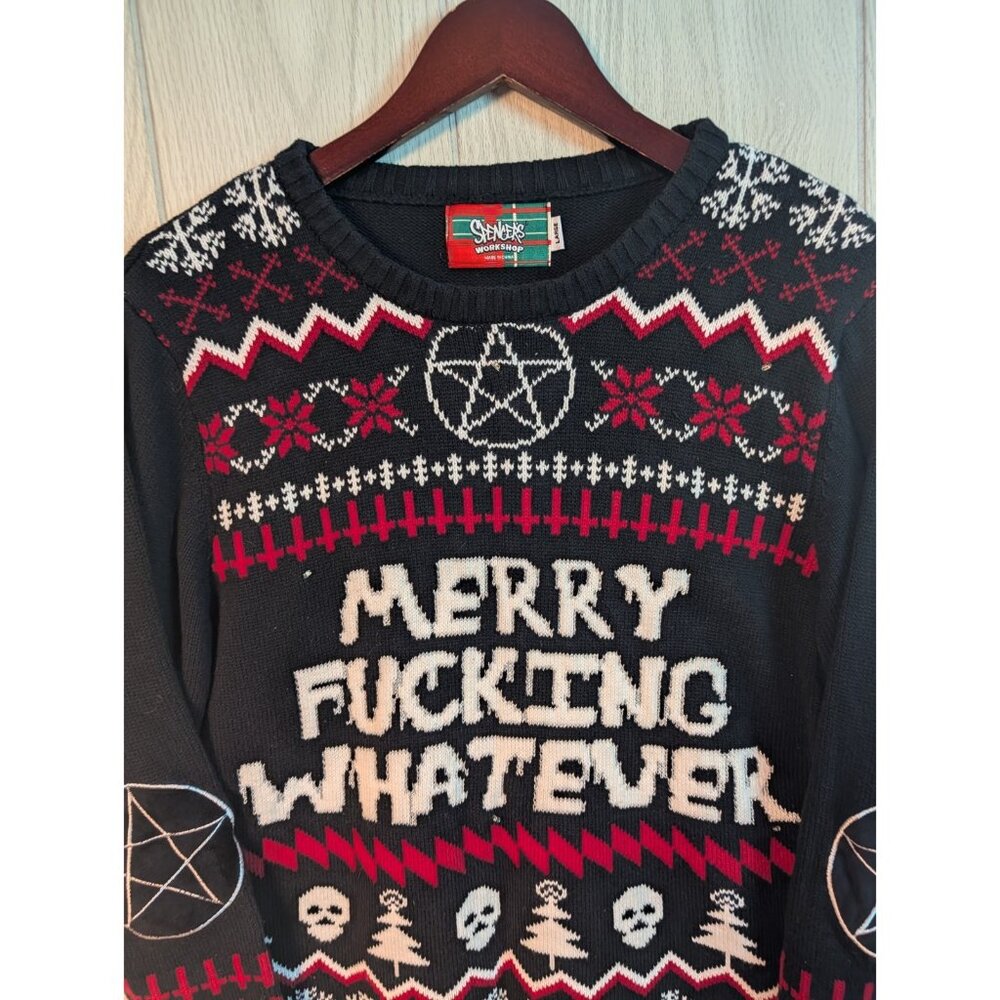 Spencers “Merry F*****g Whatever” Ugly Christmas Sweater Elbow Patches Large Men - Picture 2 of 6
